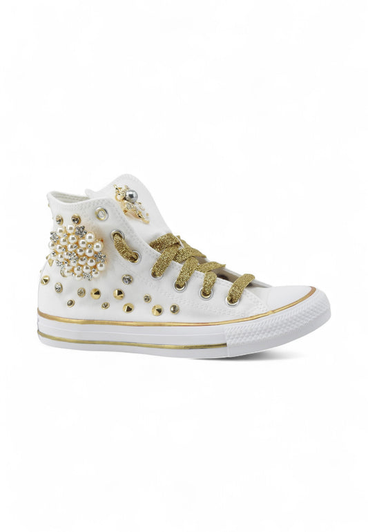 CUSTOM / CONVERSE Sneakers Personalizzate Borchie Spille Bianco Oro M7650C-PE25