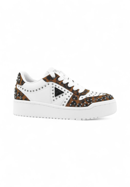 GUESS Sneakers Donna Bianco Animalier Borchie FLFMGNPEL12-AI26-LEOPA