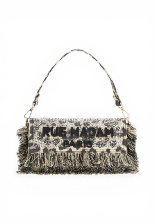 RUE MADAME Borsa A Spalla Donna Beige Nero Animalier Strass 1530-PE26-LEOPARD