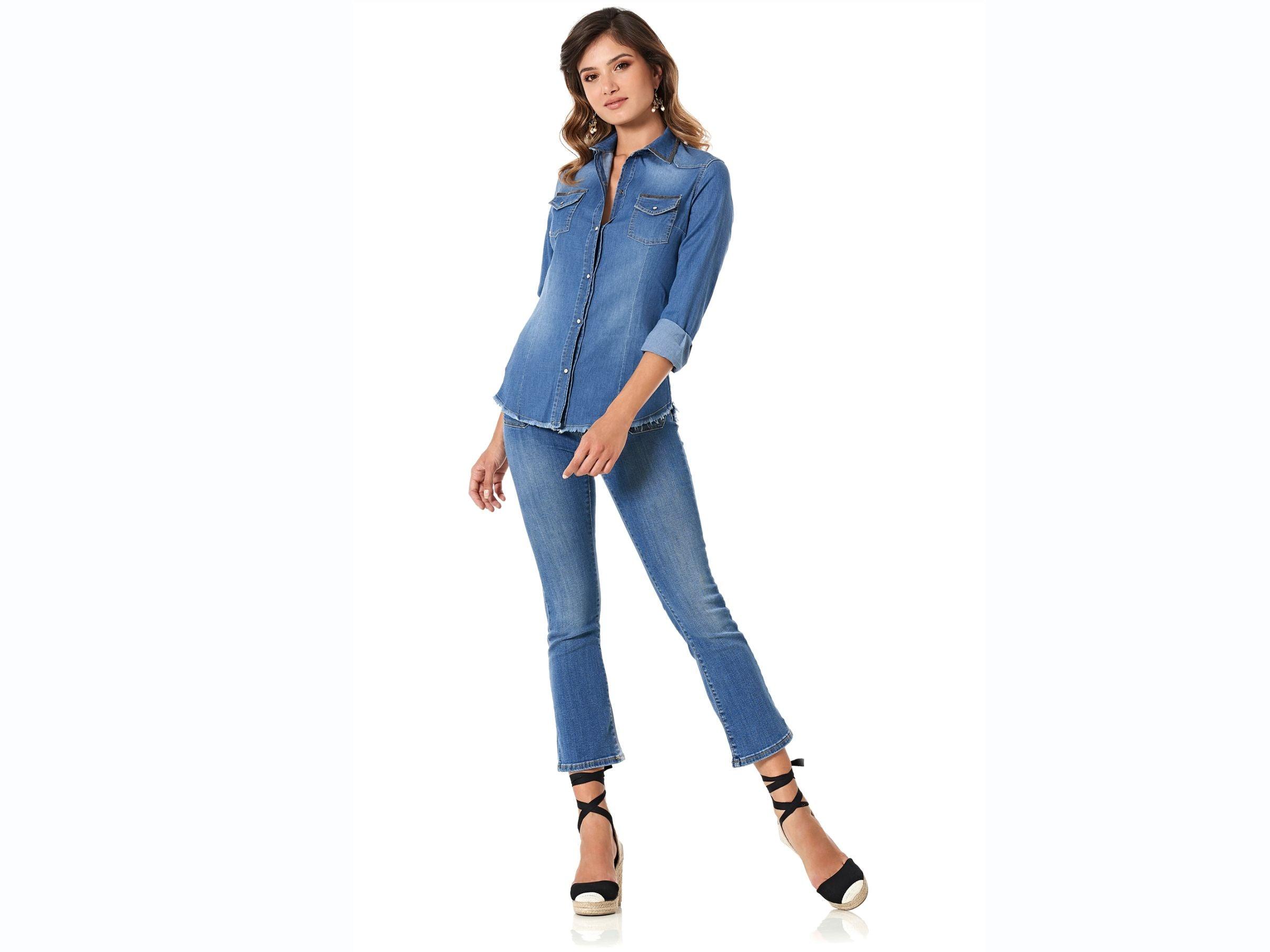 CAFENOIR Camicia Jeans Profili Borchie Blu Medio Chiaro JJ6260 - Sandrini Calzature e Abbigliamento