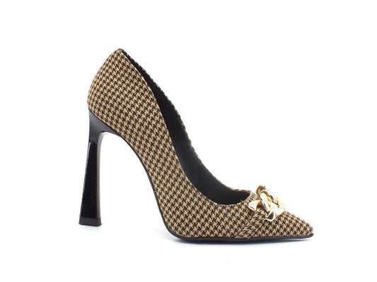 DIVINE FOLLIE Dècolletè Pied De Poule Catena Nero Camel 521 - Sandrini Calzature e Abbigliamento