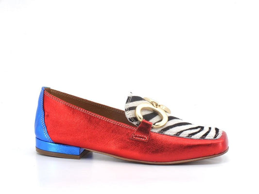 DIVINE FOLLIE Mocassino Suede Animalier Zebra Rosso Blu 832-17 - Sandrini Calzature e Abbigliamento