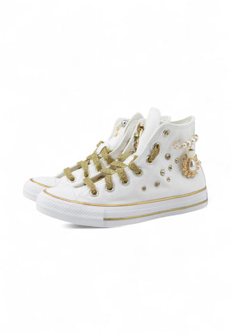 CUSTOM / CONVERSE Sneakers Personalizzate Borchie Spille Bianco Oro M7650C-PE25