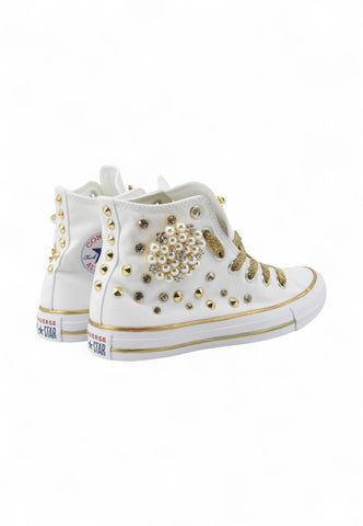 CUSTOM / CONVERSE Sneakers Personalizzate Borchie Spille Bianco Oro M7650C-PE25