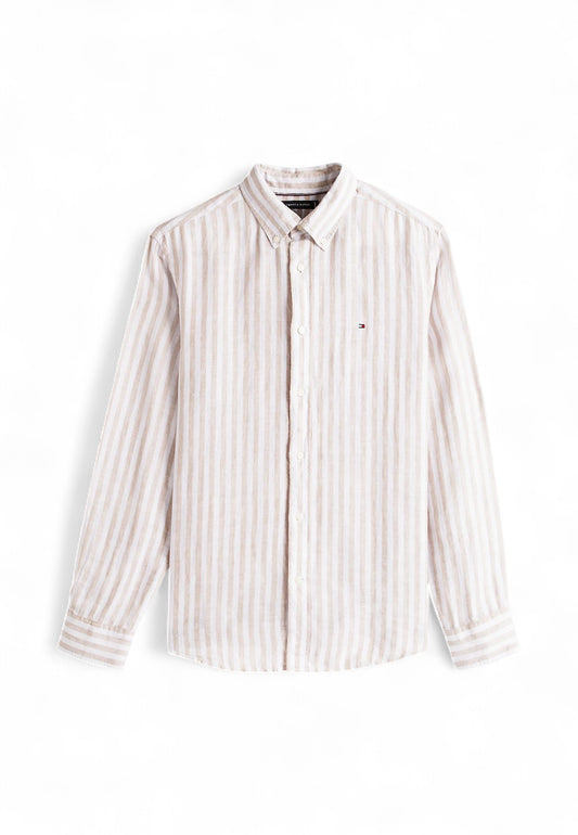 TOMMY HILFIGER Camicia Lino Uomo Beige Bianco MW0MW385810AA-PE25