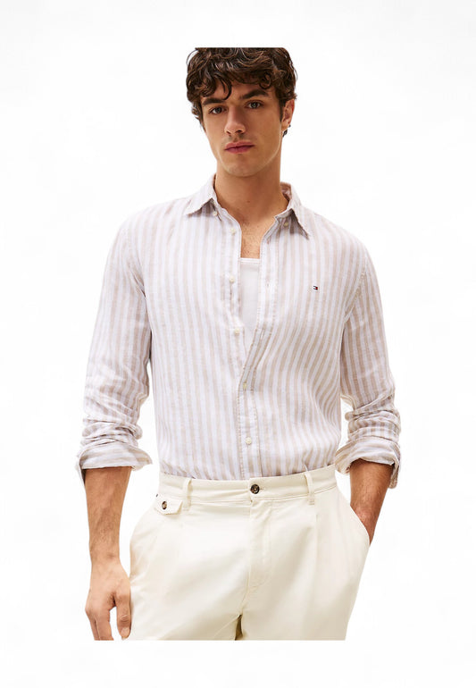 TOMMY HILFIGER Camicia Lino Uomo Beige Bianco MW0MW385810AA-PE25