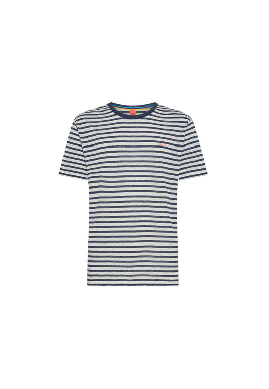 SUN68 Beachwear T-Shirt Maglietta Lino Righe Bianco Blu T34147 - Sandrini Calzature e Abbigliamento