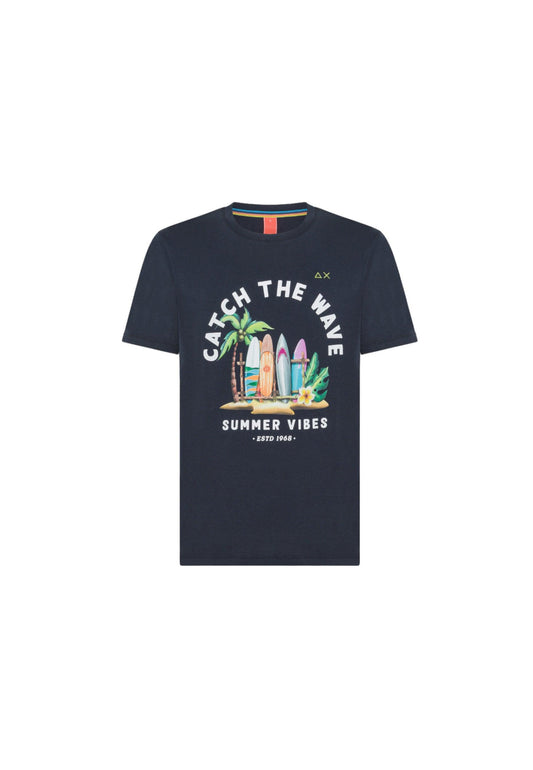 SUN68 Beachwear T-Shirt Maglietta Stampa Estate Blu T34142 - Sandrini Calzature e Abbigliamento