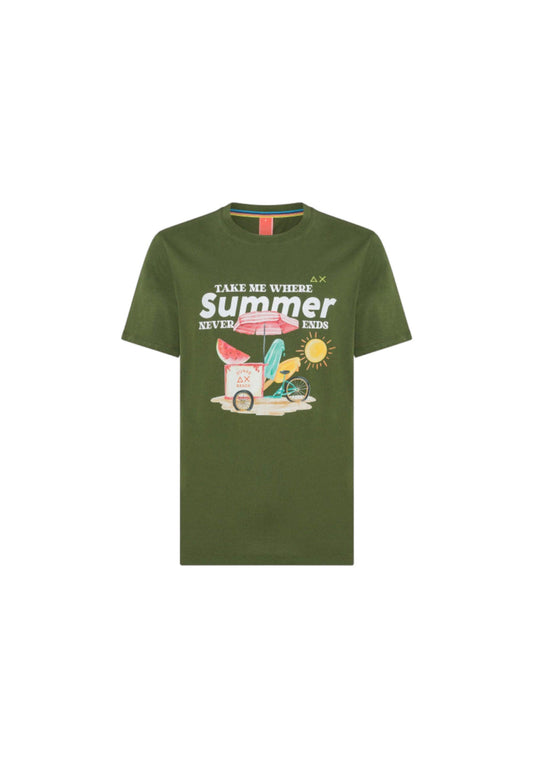 SUN68 Beachwear T-Shirt Maglietta Stampa Estate Verde Scuro T34142 - Sandrini Calzature e Abbigliamento