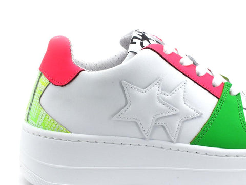 2STAR Sneaker Queen Low Platform White Pink Fluo Green 2SD3493 - Sandrini Calzature e Abbigliamento