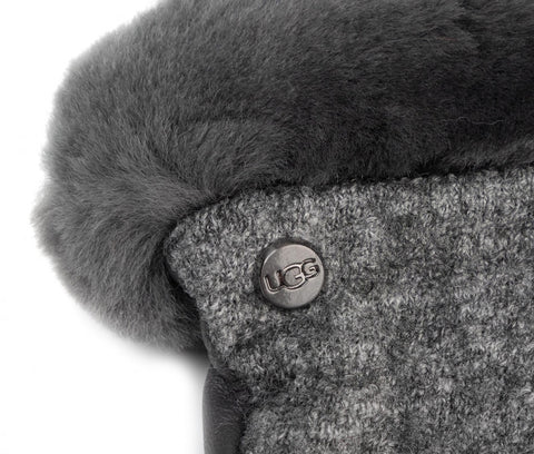 UGG W Fabbic Lthr Shorty Glove Guanti Pelo Charcoal 18813