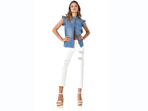 CAFENOIR Camicia Jeans Collo Coreana Blu Medio Chiaro JJ6120
