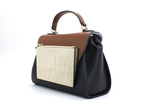 LOVE MOSCHINO Borsa Manici Tracolla PU Mix Nero Cuoio Avorio JC4014PP1BLB100B