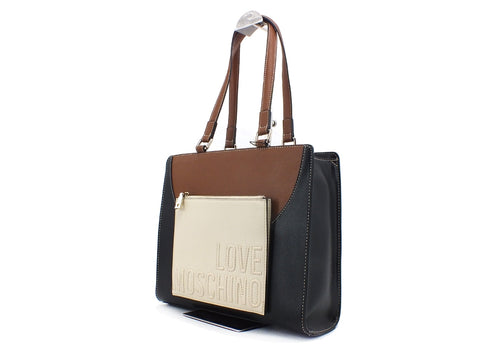LOVE MOSCHINO Borsa Spalla Manici PU Mix Nero Cuoio Avorio JC4016PP1BLB100B
