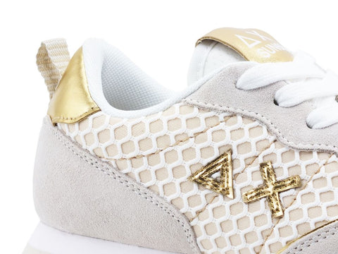 SUN68 Ally Big Mesh Sneaker Donna Running Bianco Panna Oro Z31205