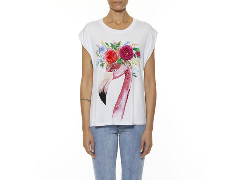 KORALLINE T-Shirt S/M Fenicottero Fiori Bianco Multicolor 328