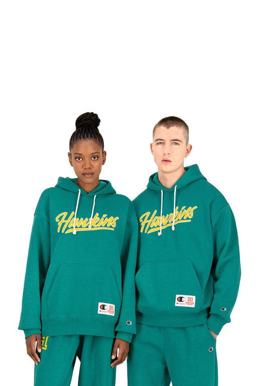 CHAMPION x STRANGER THINGS Felpa Cappuccio Unisex Hawkins Verde Giallo 217751 - Sandrini Calzature e Abbigliamento