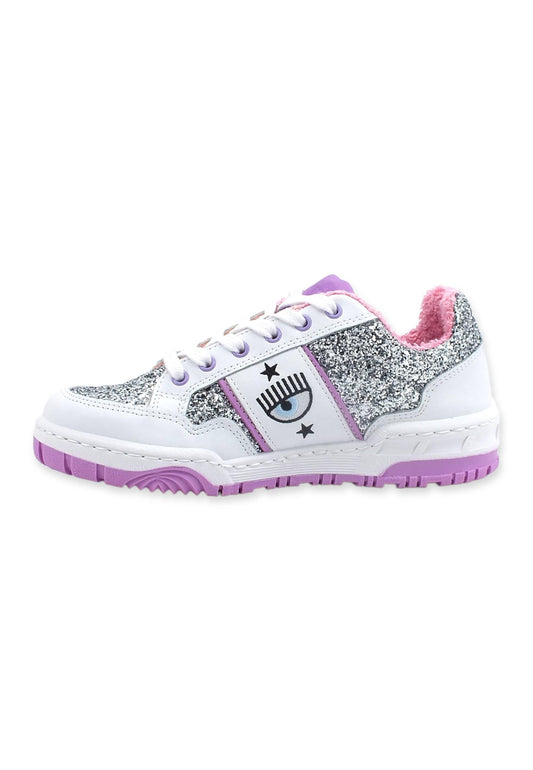 CHIARA FERRAGNI Sneaker Low Glitter Bianco Silver Violet CF3001-139 - Sandrini Calzature e Abbigliamento