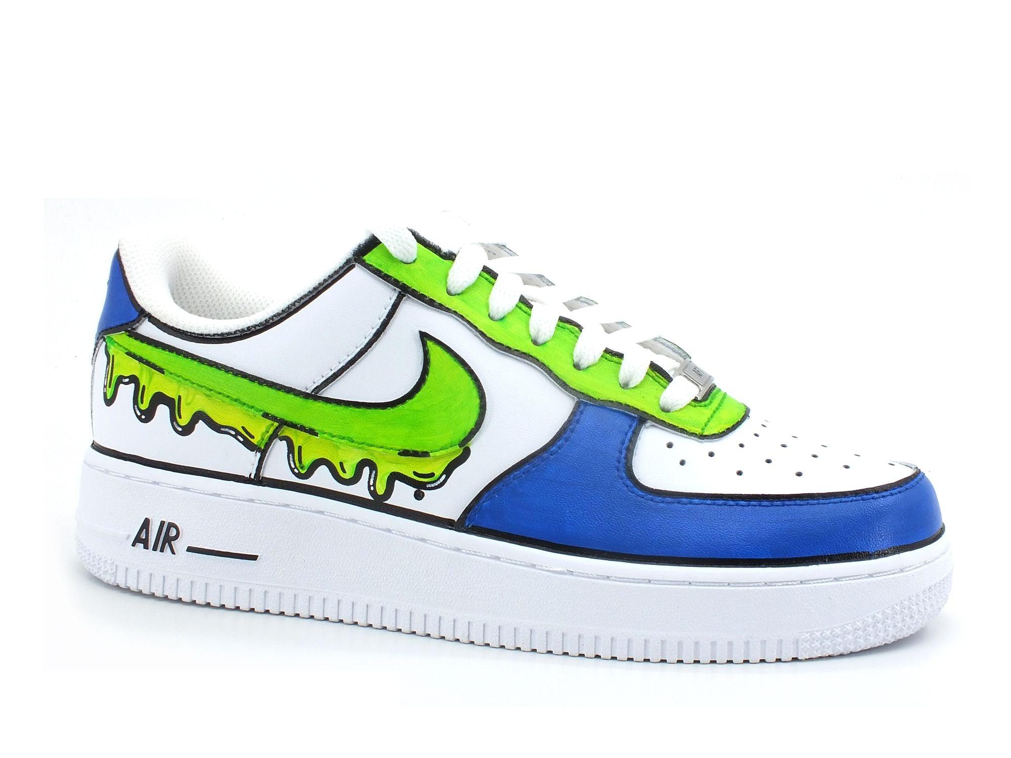 CUSTOM / Nike Air Force 1 Sneaker AF1 Uomo Fluo Green Blue - Sandrini Calzature e Abbigliamento