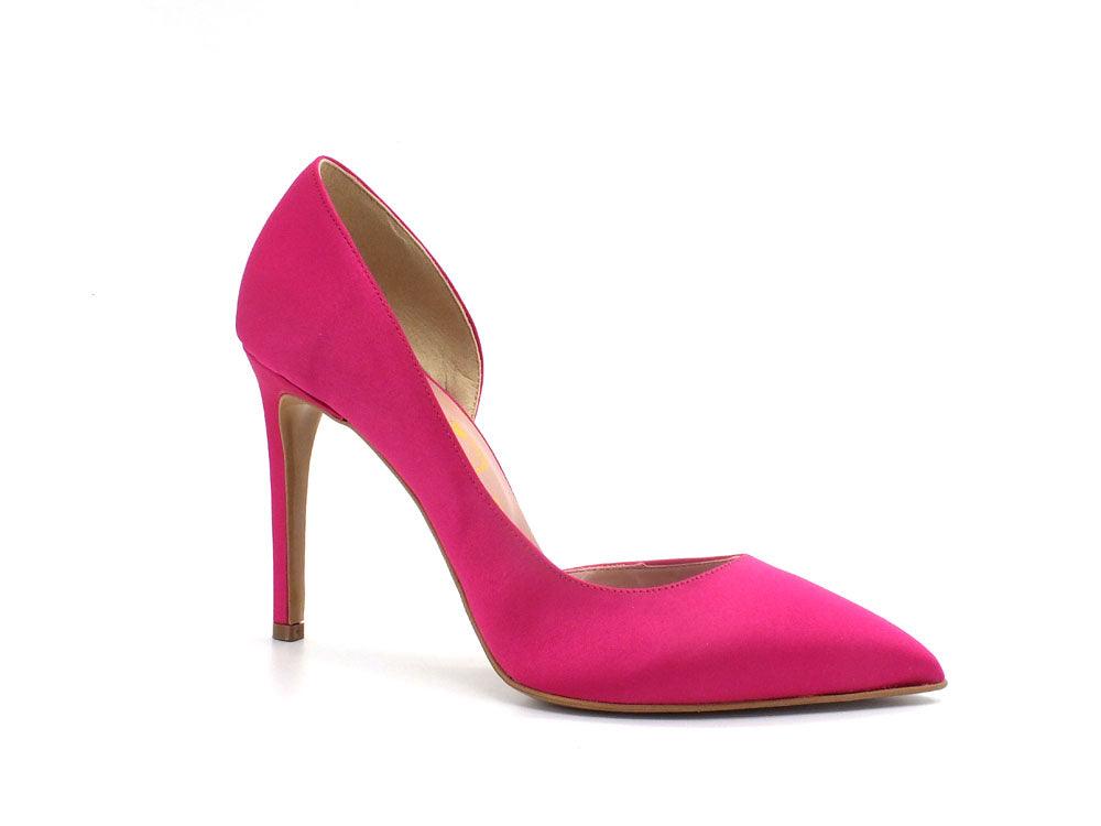DIVINE FOLLIE Dècolletè Punta Scollo Laterale Tacco Raso Rosa Fuxia 771 - Sandrini Calzature e Abbigliamento