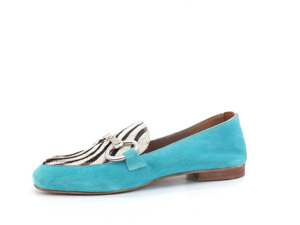 DIVINE FOLLIE Mocassino Lamè Animalier Zebra Azzurro Turchese Argento 175-01 - Sandrini Calzature e Abbigliamento