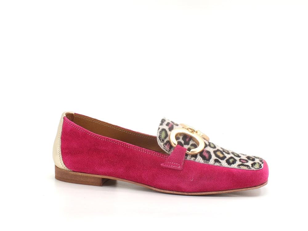 DIVINE FOLLIE Mocassino Suede Animalier Leopard Fuxia Rosa Oro 832-17 - Sandrini Calzature e Abbigliamento