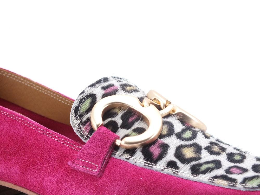 DIVINE FOLLIE Mocassino Suede Animalier Leopard Fuxia Rosa Oro 832-17 - Sandrini Calzature e Abbigliamento
