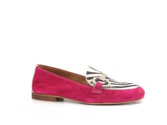DIVINE FOLLIE Mocassino Suede Lamè Animalier Zebra Rosa Fuxia Argento 175-01 - Sandrini Calzature e Abbigliamento