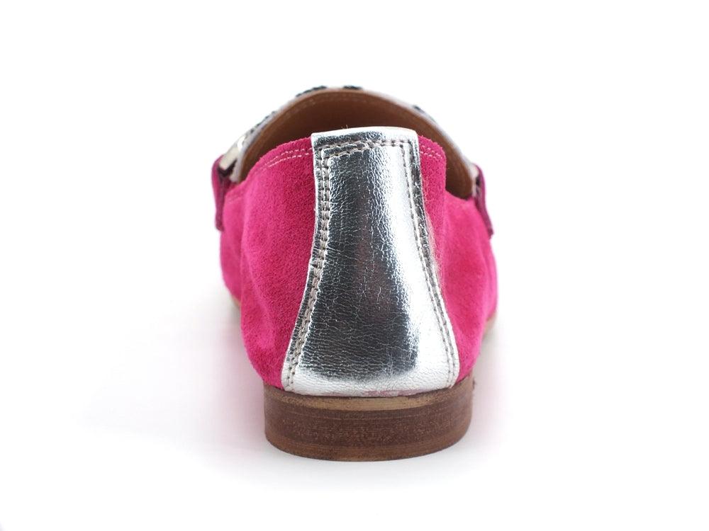 DIVINE FOLLIE Mocassino Suede Lamè Animalier Zebra Rosa Fuxia Argento 175-01 - Sandrini Calzature e Abbigliamento