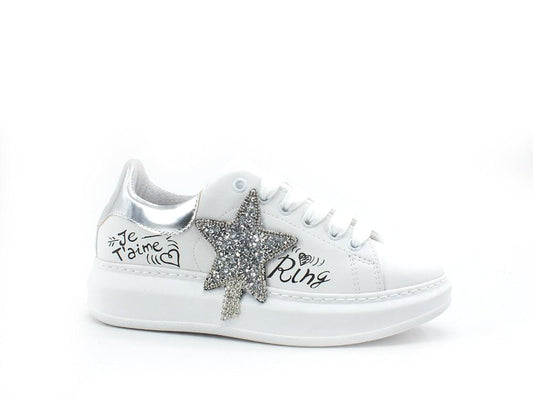 DIVINE FOLLIE Sneaker Pelle Platform Stella Glitter Bianco Argneto 70-813 - Sandrini Calzature e Abbigliamento