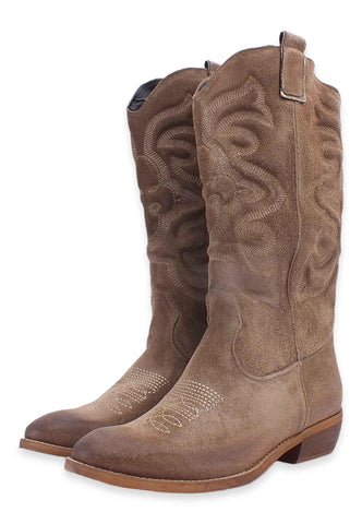 DIVINE FOLLIE Stivale Texano Ricamo Marrone Taupe DF607 - Sandrini Calzature e Abbigliamento