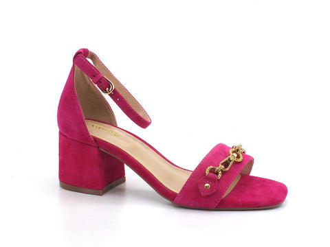 GUESS Sandalo Tacco Suede Morsetto Gold Fuxia FL6SRASUE03 - Sandrini Calzature e Abbigliamento