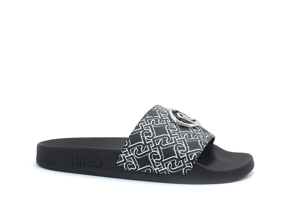 LIU JO Kos 1 Slipper Ciabatta Printed Logo Black White BA1089EX057 - Sandrini Calzature e Abbigliamento