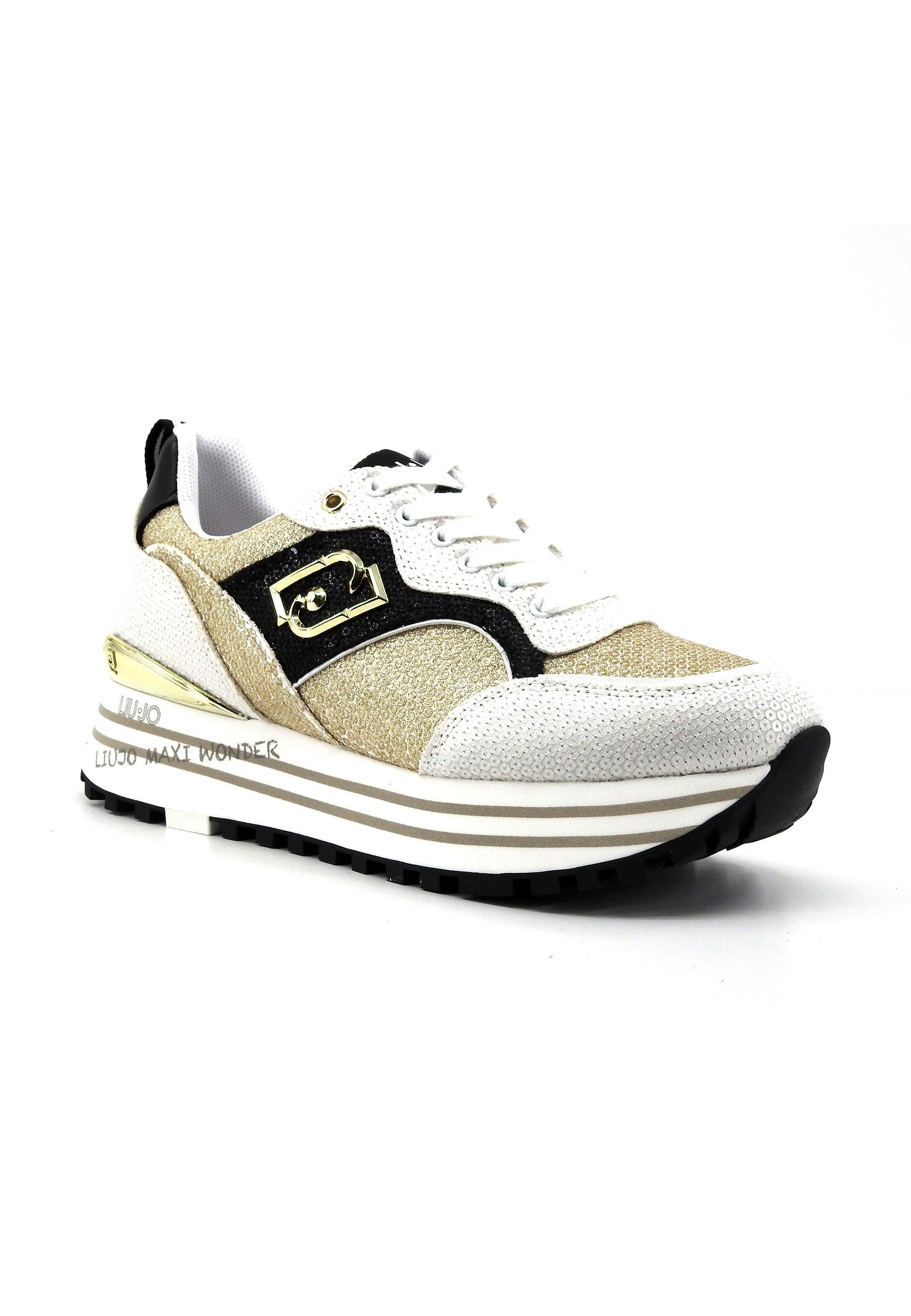 LIU JO Maxi Wonder 73 Sneaker Paillettes Donna White Black Gold BA4059TX055 - Sandrini Calzature e Abbigliamento