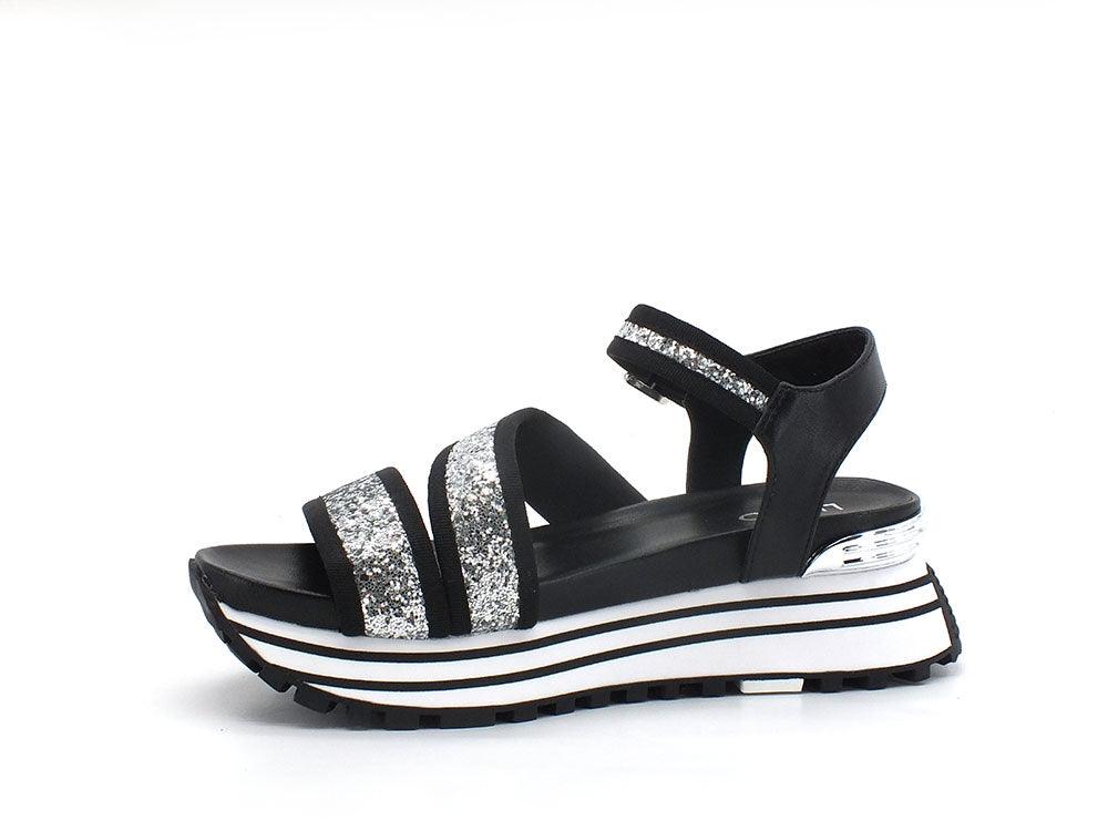 LIU JO Maxi Wonder Sandal 15 Sandalo Glitter Silver Black BA2147TX053 - Sandrini Calzature e Abbigliamento