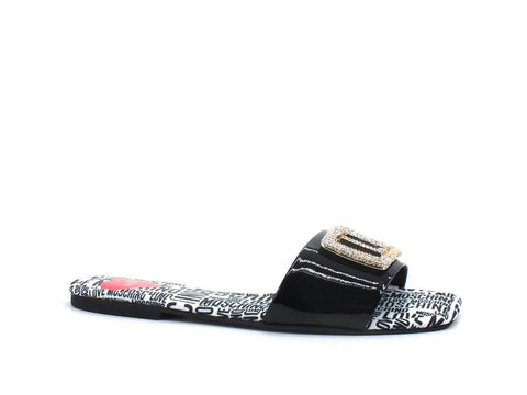 LOVE MOSCHINO Ciabatta Sabot Flat 15 Vernice Strass Logo Nero JA28231C0CJD0000 - Sandrini Calzature e Abbigliamento