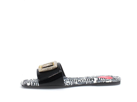 LOVE MOSCHINO Ciabatta Sabot Flat 15 Vernice Strass Logo Nero JA28231C0CJD0000 - Sandrini Calzature e Abbigliamento