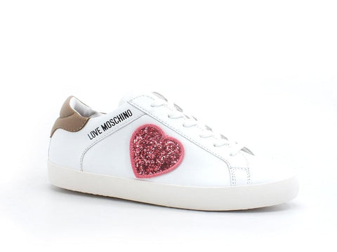 LOVE MOSCHINO Sneaker Cuore Glitter Logo Bianco Nude Rosso JA15402G1EI4110A - Sandrini Calzature e Abbigliamento