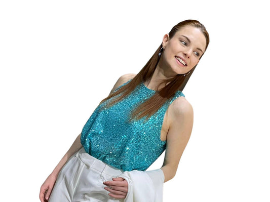 MOTEL Top Pailettes Lurex Azzurro Turchese S22T039 - Sandrini Calzature e Abbigliamento