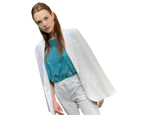 MOTEL Top Pailettes Lurex Azzurro Turchese S22T039 - Sandrini Calzature e Abbigliamento