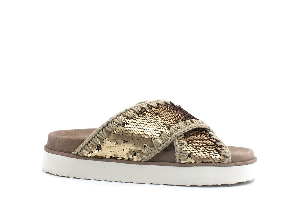 MOU Criss Cross Bio Sandal Plain Ciabatta Pailettes Gold Metal MU.SW251003G - Sandrini Calzature e Abbigliamento