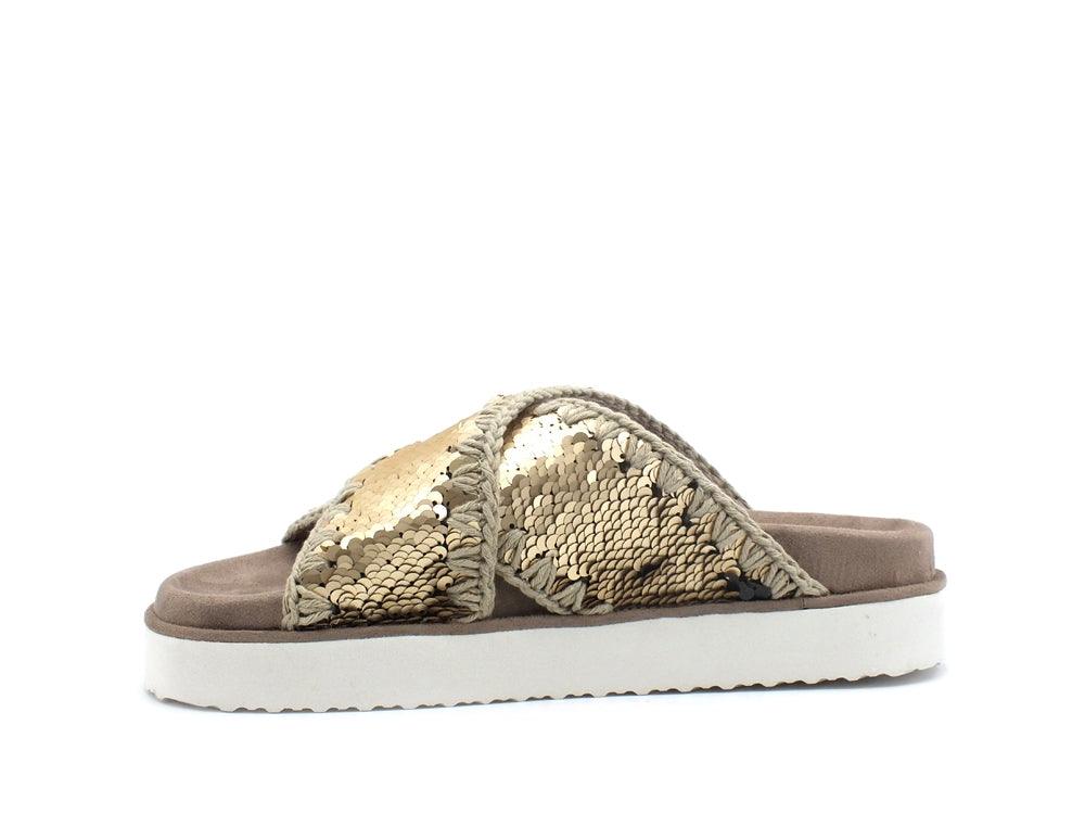 MOU Criss Cross Bio Sandal Plain Ciabatta Pailettes Gold Metal MU.SW251003G - Sandrini Calzature e Abbigliamento