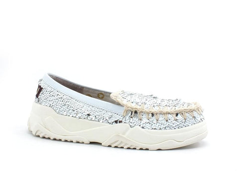 MOU Eskimo Mocassin Trainer Sequin Mocassino Pailettes White Silver MU.SW201010G - Sandrini Calzature e Abbigliamento