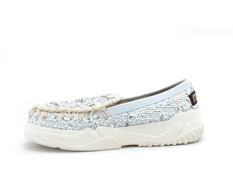 MOU Eskimo Mocassin Trainer Sequin Mocassino Pailettes White Silver MU.SW201010G - Sandrini Calzature e Abbigliamento