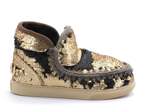 MOU Eskimo Sneaker Big Metal Logo Stivale Pelo Pailettes Sequins Gold Matt MU.FW111008G - Sandrini Calzature e Abbigliamento