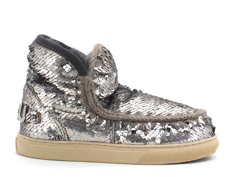 MOU Eskimo Sneaker Big Metal Logo Stivale Pelo Pailettes Sequins Gun Metal MU.FW111008G - Sandrini Calzature e Abbigliamento