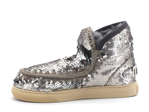 MOU Eskimo Sneaker Big Metal Logo Stivale Pelo Pailettes Sequins Gun Metal MU.FW111008G - Sandrini Calzature e Abbigliamento