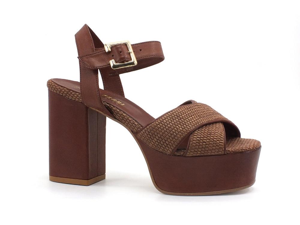 PAOLA FERRI Nizza Rafia Sandalo Chunky Tacco Brown D7460 - Sandrini Calzature e Abbigliamento