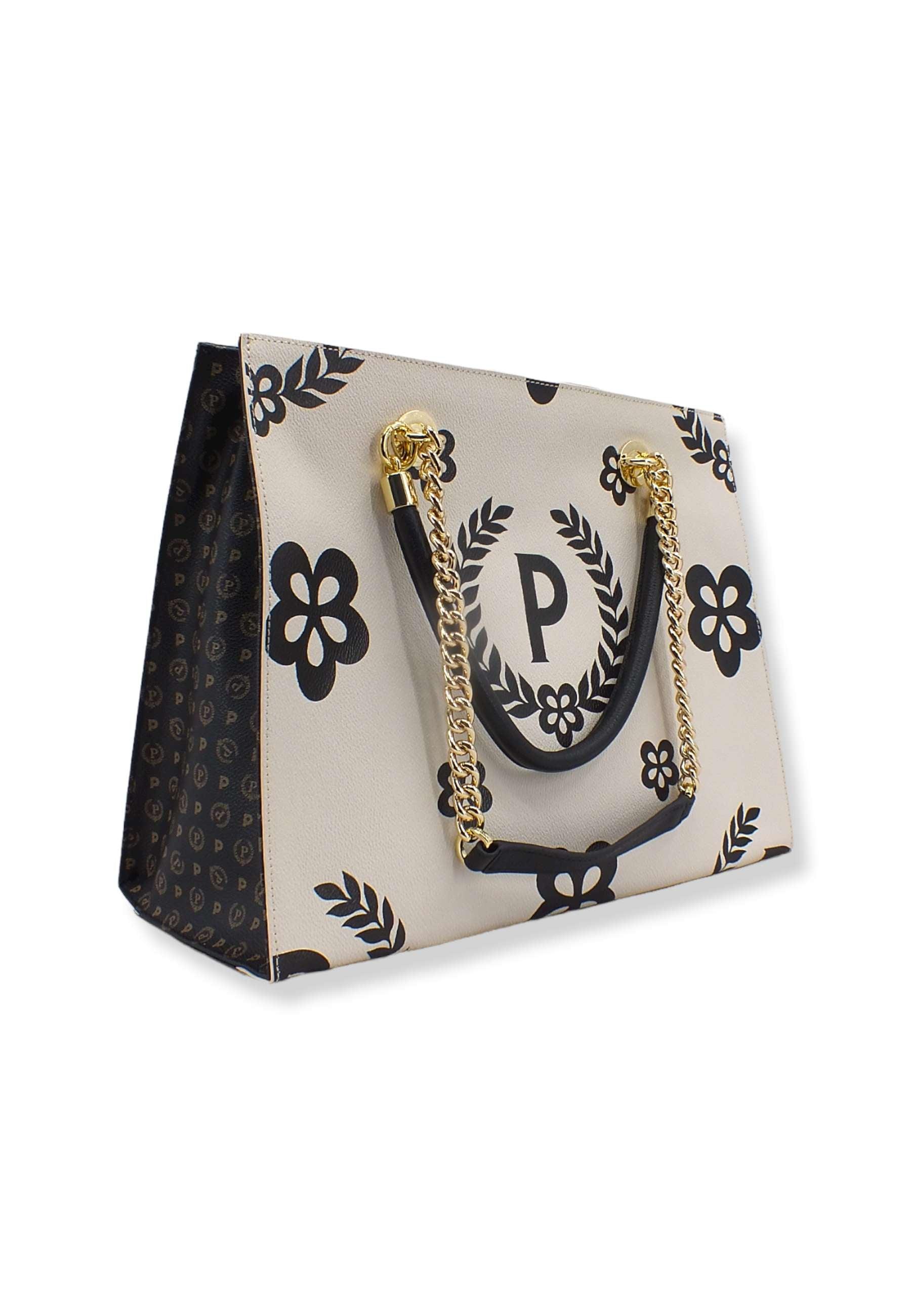 POLLINI Borsa Tote Catena Loghi Bianco Avorio Nero TE8472PP0DQE00C - Sandrini Calzature e Abbigliamento