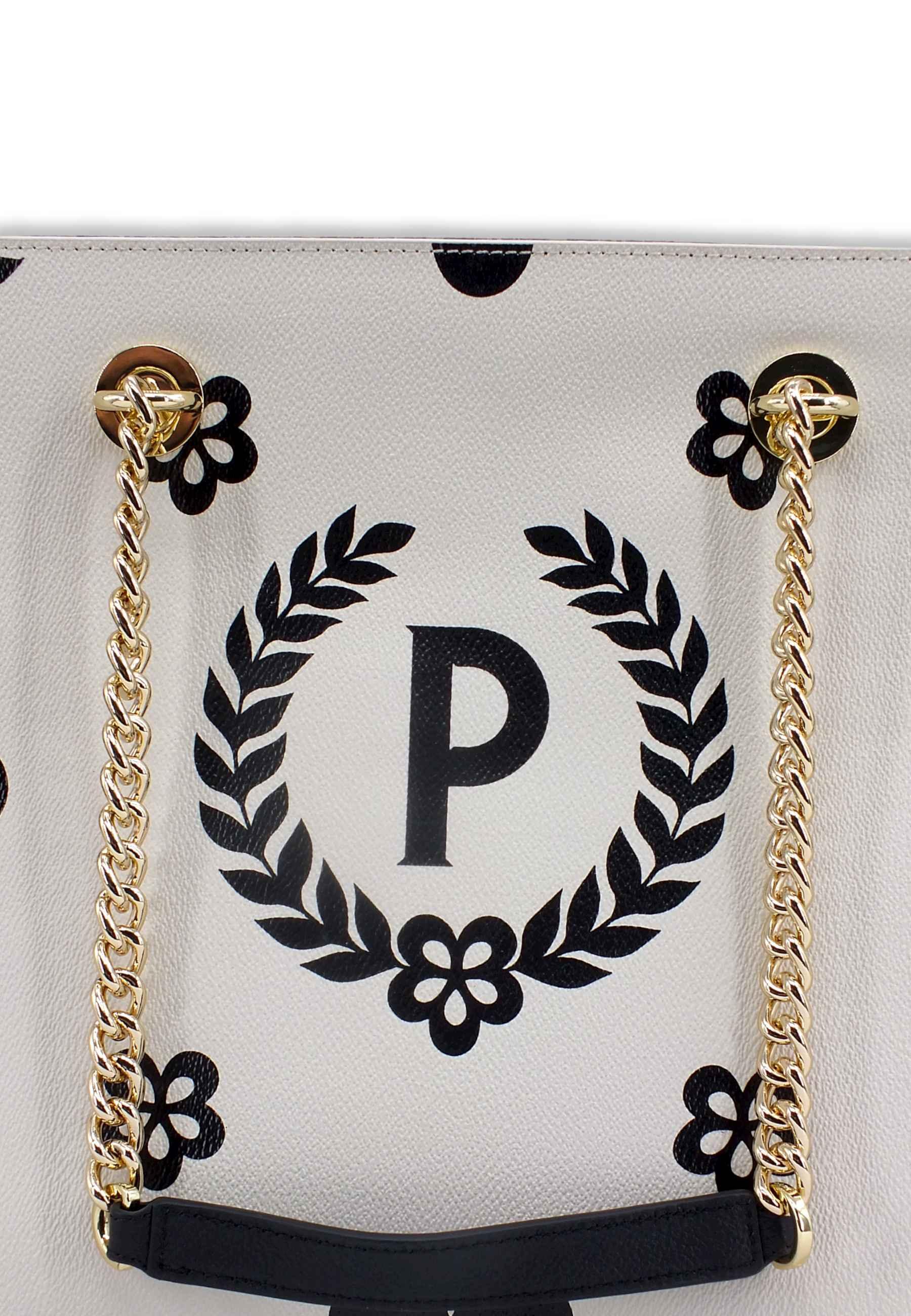 POLLINI Borsa Tote Catena Loghi Bianco Avorio Nero TE8472PP0DQE00C - Sandrini Calzature e Abbigliamento